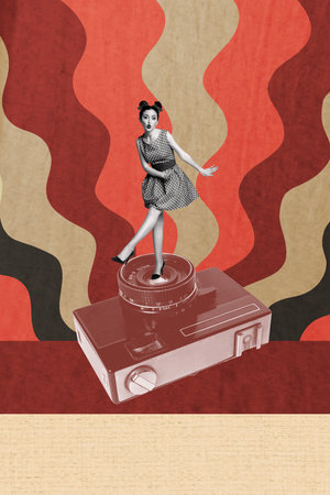 Poster image vertical photo collage of happy pinup girl dance retro photo-camera device shooting instant cadre capture photo zoneの写真素材