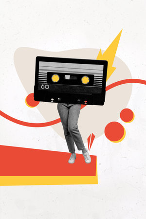 Composite trend artwork sketch photo collage of anonymous bodyless legs walk footwear shoes retro vintage wear cassette recorder musicの写真素材