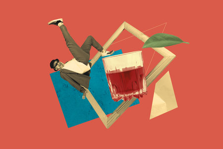 Composite art 3d creative image collage of happy old man dandy wear suit dance cognac glass toast celebration event friday party frameの写真素材