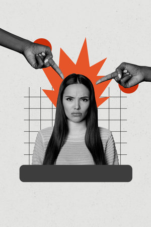 Composite trend artwork sketch image 3D photo collage of young lady depressed face emotion finger point gesture stereotype mockeryの写真素材