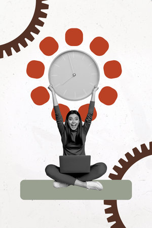 Composite trend artwork sketch image collage of office manager cogwheel workspace young lady work...