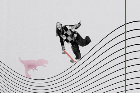 Composite trend artwork sketch image photo collage of young lady teenager summer rest ride skateboard skate park posing outdoors smileの写真素材