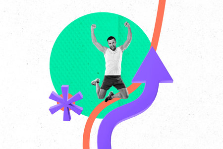 Contemporary poster trend art collage of excited sportsman jump arrow development motivation sporty...