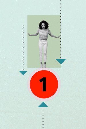 Vertical poster image collage of shocked american girl stand first place icon arrow progress regress...