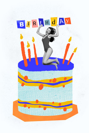 Vertical photo collage of excited girl jump birthday cake wear swimsuit candle wish celebration...