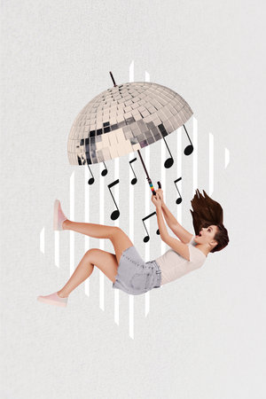 Vertical sketch 3d artwork collage poster of astonished girl fall hold umbrella rainy disco ball...