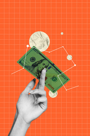 Vertical photo collage of hand hold dollar cash banknote income success profit investment bank savings market capital earningsの写真素材