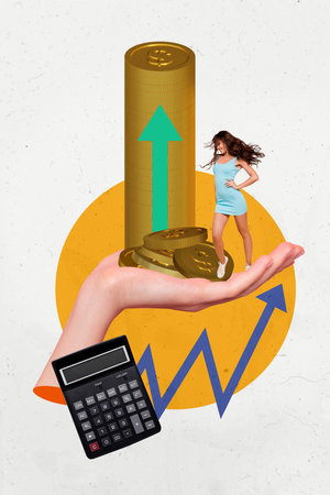 Creative 3D photo collage trend artwork template of economy dollars trade savings money target trader huge hand hold young lady calculatorの写真素材