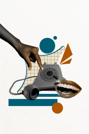 Vertical photo collage of hand hold telephone receiver telecommunication speech helpline faceless mouth isolated on painted backgroundの写真素材