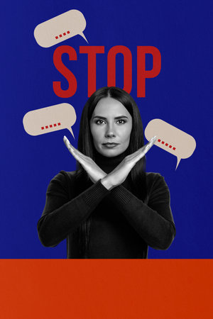 Composite trend artwork 3D sketch image photo collage of bully harassment stress abuse discrimination young woman hand gesture cross stopの写真素材