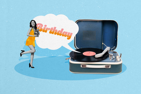 Creative collage picture young cheerful woman lady gramophone party entertainment leisure listen...
