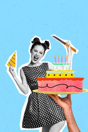 Trend artwork sketch image photo collage of happy birthday holiday celebration young lady retro dress cake candle emoji smile cone hatの写真素材