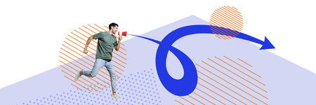 Template collage design trend artwork 3D sketch of trade target success charts stats young guy run...