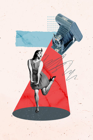 Composite image montage trend artwork 3D collage of young lady model posing stand style dress moment shooting camera content journalistの写真素材