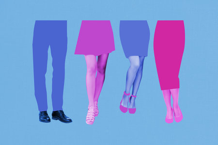 Composite trend artwork sketch image collage of four sets colored legs pants shoes different styles standing fashion variety bodylessの写真素材