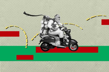Composite photo collage of happy old man santa claus ride vespa moped hold present box xmas holiday winter isolated on painted backgroundの写真素材