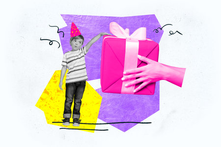 Composite photo collage of cute small birthday boy receive present invitation occasion celebration party isolated on painted backgroundの写真素材