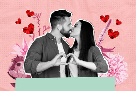 Contemporary poster trend art collage of two happy girl guy kiss together family bonding flower bloom heart valentine day march holidayの写真素材