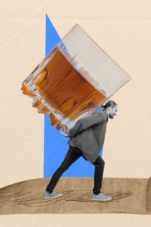 Trend artwork banner sketch 3D photo collage of cocktail relax toast celebrate club alcohol young man miniature walk carry glass partyの写真素材