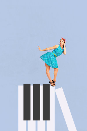 Trend artwork banner sketch 3D photo collage of young lady stand music notes pianist play melody dress dance moving model posingの写真素材