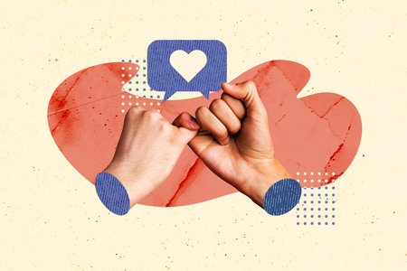 Sketch composite 3D photo collage trend artwork of two hand gesture nonverbal language teamwork...