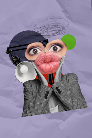 Composite trend artwork 3D sketch image photo collage of young woman caricature face hand hold lips grimace kiss huge eyes formalwear lampの写真素材