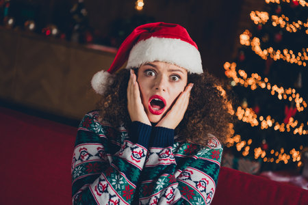 Portrait of nice young woman open mouth arms touch cheeks wear sweater new year xmas garland lights flat indoorsの写真素材
