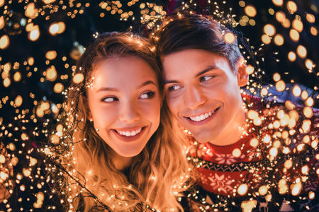 Photo of nice young couple look each other cheerful wear christmas clothes enjoy cozy x-mas party decoration interior flat indoorsの写真素材