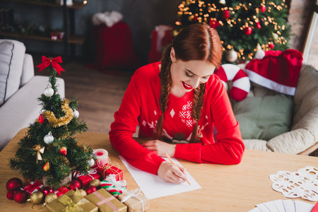 Above view portrait of nice young woman pencil paper write letter wear sweater new year xmas time flat indoorsの写真素材