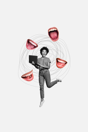 Vertical photo collage of happy american girl hold laptop cyberattack faceless mouth mock cyberbully isolated on painted backgroundの写真素材