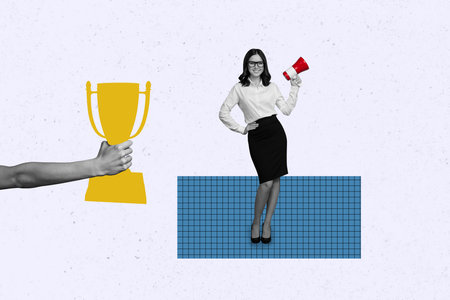 Composite artwork 3D photo collage trend template of charts analyzing target stats business young woman stand loudspeaker hold goblet winの写真素材