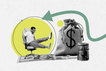 Composite photo collage of excited man ride chair arrow development dollar income roll banknotes millionaire isolated on painted backgroundの写真素材