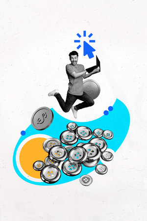 Vertical art banner collage of excited businessman hold laptop arrow click coin income dollar capital earnings button money imitationの写真素材