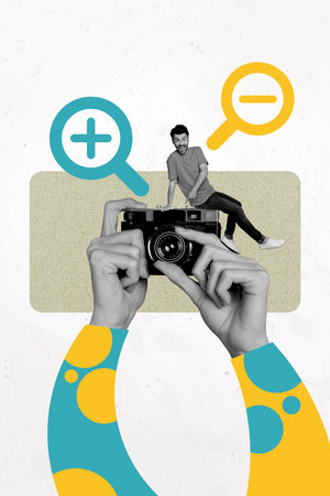 Sketch template design 3D collage composite of cadre hobby capture moment journalist focus zoom glass young guy miniature sit finger pointの写真素材