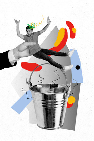 Composite trend artwork sketch image collage of huge sleeve hand gesture hold confused young guy throw into big metal bucket surrealの写真素材