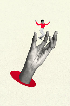 Vertical sketch 3d artwork creative collage poster of excited girl jump human hand robbery concept bullying pressure gestureの写真素材