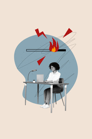 Vertical collage picture young woman office worker employee time management urgency task burning fire laptop browsing typing remote workの写真素材