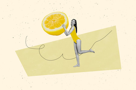 Creative art banner collage of happy girl wear bikini hold lemon half citrus fruit juicy vitamin nutrition summertime orangeの写真素材