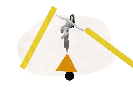 Composite trend artwork sketch image collage of element escape geometry hurdle small young lady stand triangle balance hand hold platformの写真素材