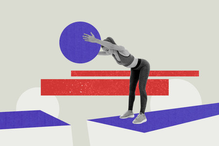 Creative photo collage young attractive woman intense training gymnast huge ball circle exercise warmup bodycare drawing backgroundの写真素材