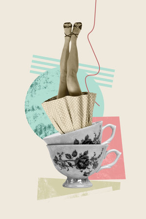 Vertical sketch 3d artwork collage poster of anonym girl legs peek coffee cup beverage laser smooth skin therapy tea mug cafeteriaの写真素材