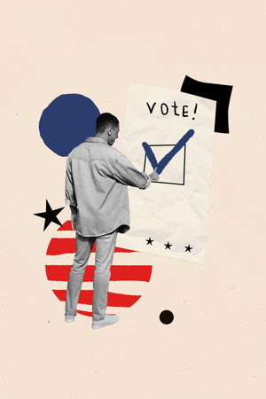 Vertical creative art collage of happy american man push vote ballot decision election usa...