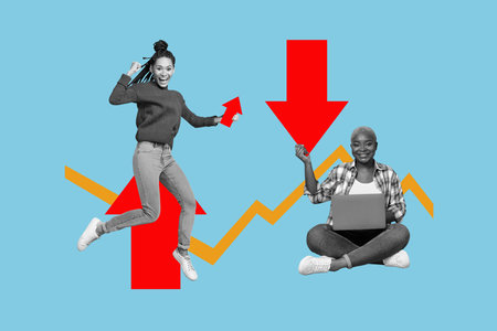 Contemporary poster trend art collage of two happy girl business partners jump together arrow...