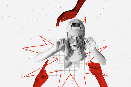 Composite trend artwork sketch image photo collage of stop sexual harassment abuse arm gesture palm point touch young lady watch confusedの写真素材