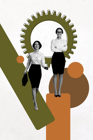 Composite trend artwork 3D sketch image photo collage of two young business woman success walk stand platform cogwheel cooperationの写真素材