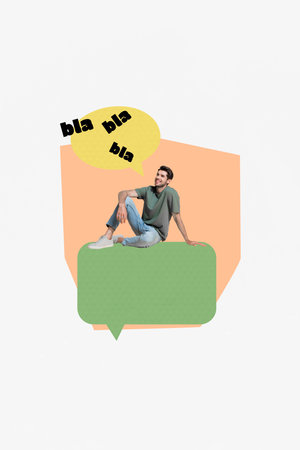 Composite trend 3D sketch image photo collage of speech cloud chatting message talk contact box young man small sit bla say rumors newsの写真素材