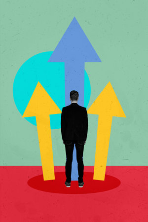 Creative photo collage trend artwork template of target trader stats charts young man stand back human resources hiring manager workspaceの写真素材