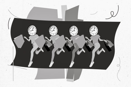 Creative photo 3d collage artwork poster caricature of people hurrying running buy low prices clothes isolated on painting backgroundの写真素材