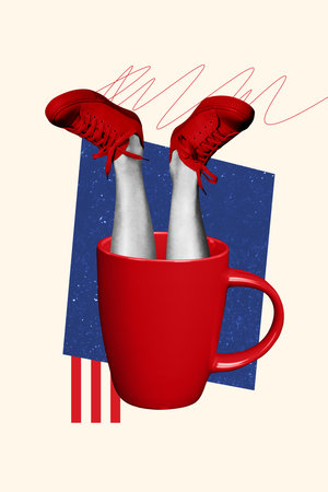 Composite trend artwork sketch image photo collage of caricature bodyless legs footweat shoes appear huge cup drink break hot beverageの写真素材