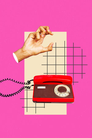 Image vertical art banner collage of hand show retro telephone handset communication helpline service telemarketing networkの写真素材